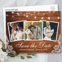 Rustic Wood Lights Lace 3 Photo Save The Date