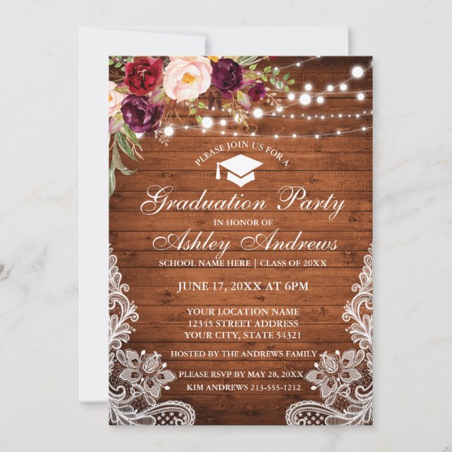 Rustic Wood Lights Lace Burgundy Graduation Invite (Front)