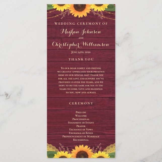 Rustic Wood Lights Lace Burgundy Sunflower Wedding Programme (Front)