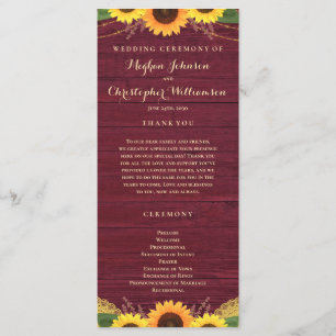 Rustic Wood Lights Lace Burgundy Sunflower Wedding Programme