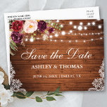 Rustic Wood Lights Lace Floral Save the Date Announcement Postcard<br><div class="desc">Rustic Wood String Lights Lace Watercolor Burgundy Floral Save the Date Postcard - Printed Back</div>