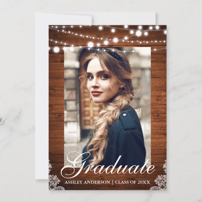 Rustic Wood Lights Lace Graduation Announcement (Front)