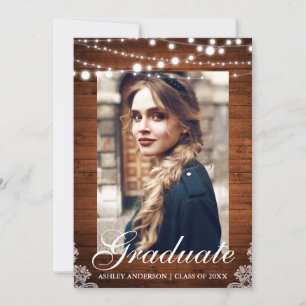 Rustic Wood Lights Lace Graduation Announcement