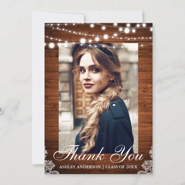 Rustic Wood Lights Lace Graduation Thank You Announcement (Front)