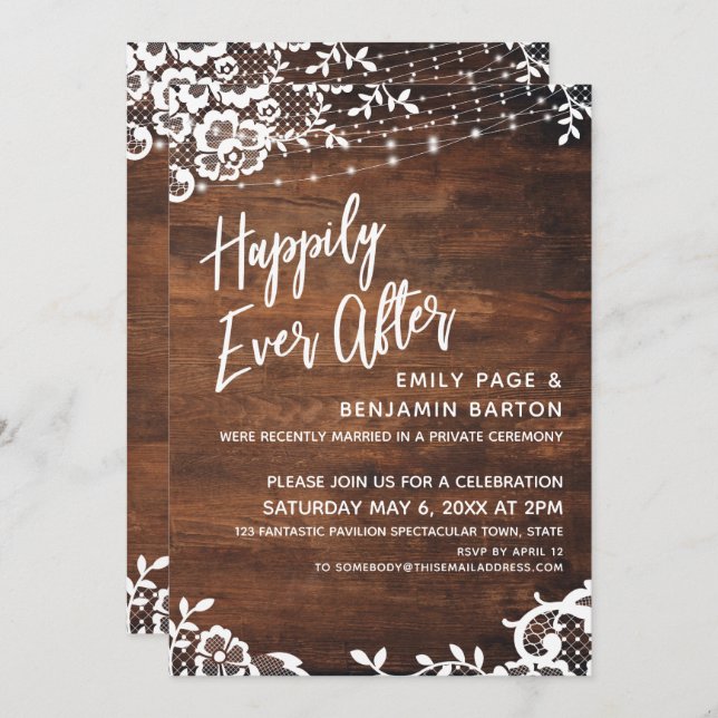 Rustic Wood Lights & Lace Happily Ever After Event Invitation (Front/Back)