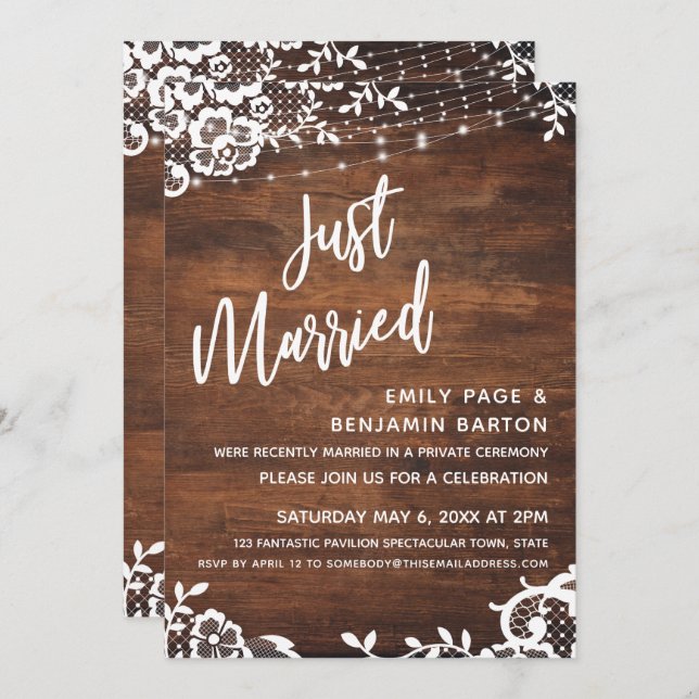 Rustic Wood, Lights & Lace Just Married Event Invitation (Front/Back)