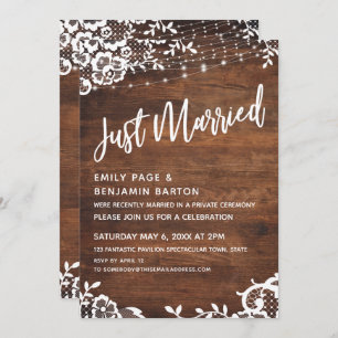 Rustic Wood, Lights & Lace Just Married Typography Invitation