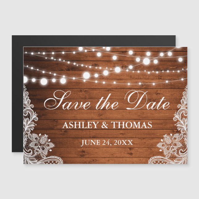 Rustic Wood Lights Lace Magnetic Save the Date (Front/Back)