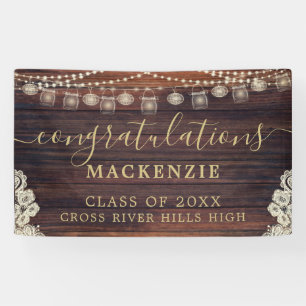Rustic Wood Lights Lace Mason Jars Graduation Banner
