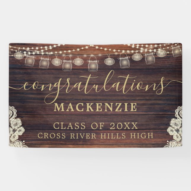 Rustic Wood Lights Lace Mason Jars Graduation Banner (Horizontal)