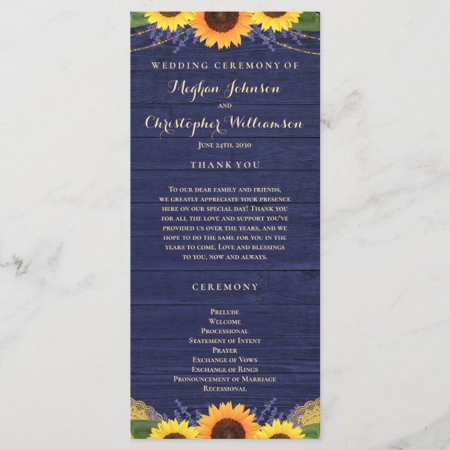 Rustic Wood Lights Lace Navy Sunflower Wedding Programme (Front)