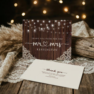 Rustic Wood Lights Lace New Mr Mrs Thank You Postc Card