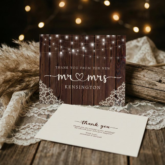 Rustic Wood Lights Lace New Mr Mrs Thank You Postc Card (Creator Uploaded)
