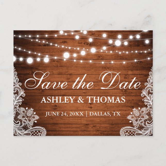 Rustic Wood Lights Lace Save the Date Back Text Announcement Postcard (Front)