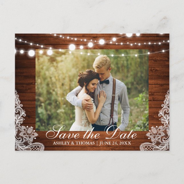 Rustic Wood Lights Lace Save the Date Back Text Announcement Postcard (Front)