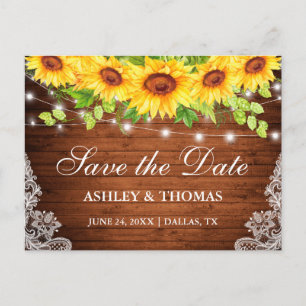 Rustic Wood Lights Lace Sunflowers Save the Date Announcement Postcard