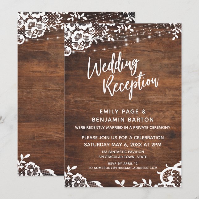 Rustic Wood, Lights & Lace Wedding Reception Invitation (Front/Back)