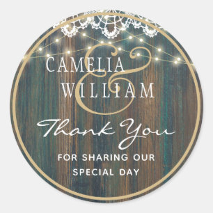 RUSTIC WOOD LIGHTS LACE Wedding Thank You Classic Round Sticker
