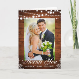 Rustic Wood Lights Lace Wedding Thank You Fold