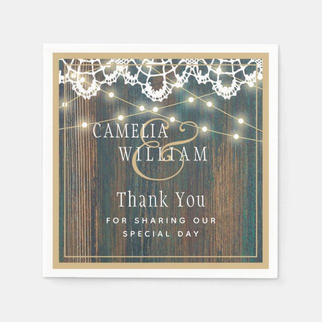 RUSTIC WOOD LIGHTS LACE Wedding Thank You Napkin (Front)