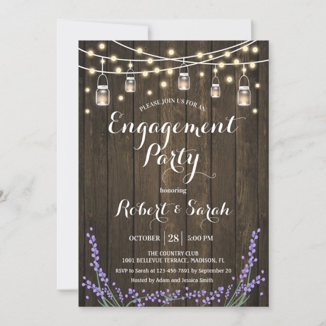 Rustic Wood Lights Lavender Engagement Party Invitation (Front)