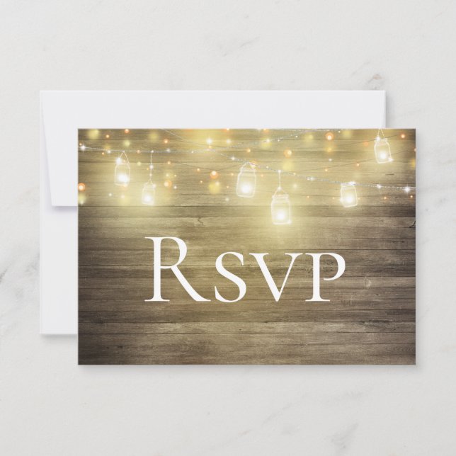 Rustic Wood & Lights Mason Jar RSVP Card (Front)