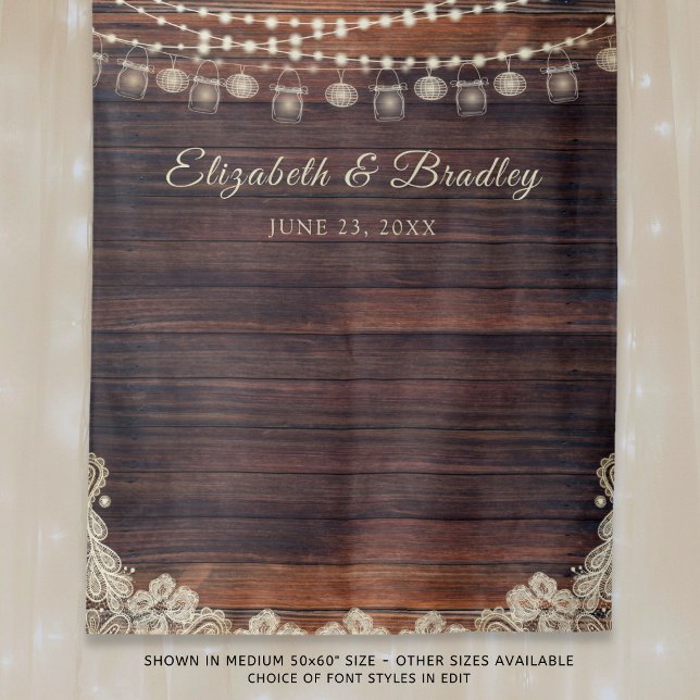 Rustic Wood Lights Mason Jar Wedding Backdrop Tapestry (Creator Uploaded)