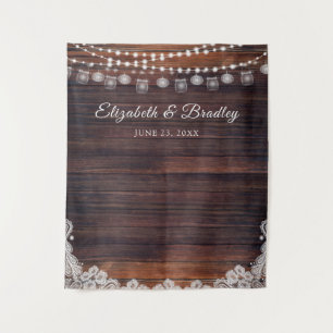 Rustic Wood Lights Mason Jar Wedding Backdrop Tapestry