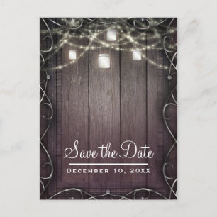 Rustic Wood Lights & Mason Jars Barn Save the Date Announcement Postcard