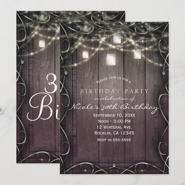 Rustic Wood Lights & Mason Jars Flourish Birthday Invitation (Front/Back)