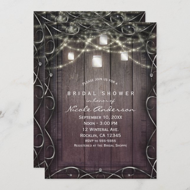 Rustic Wood Lights & Mason Jars Flourish Bridal Invitation (Front/Back)
