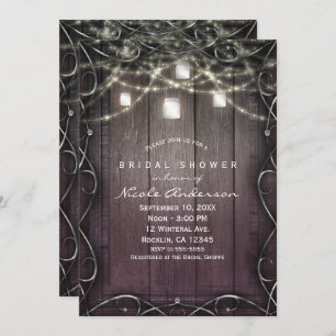 Rustic Wood Lights & Mason Jars Flourish Bridal Invitation