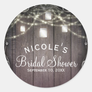 Rustic Wood Lights & Mason Jars Flourish Wedding Classic Round Sticker