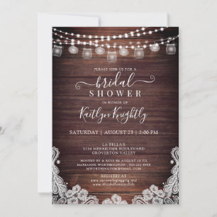Rustic Wood Lights Mason Jars Lace Bridal Shower I Invitation