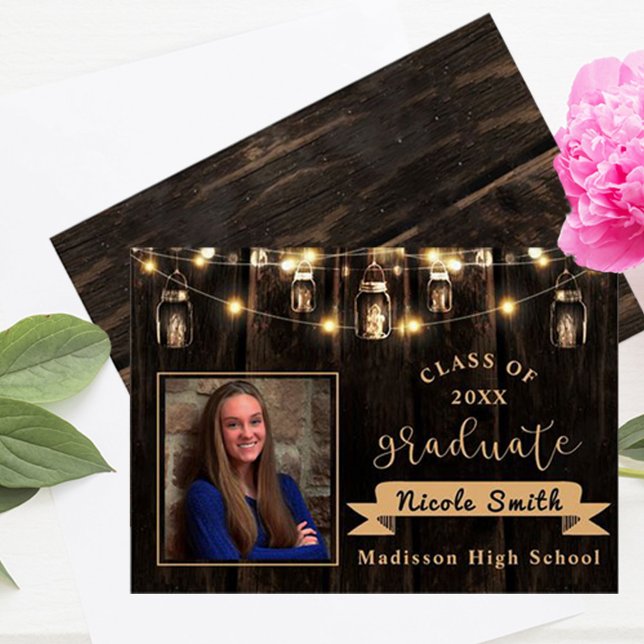 Rustic Wood Lights Photo Graduation Announcement Postcard (Creator Uploaded)