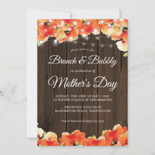 Rustic Wood Lights Poppy Mothers Day Brunch Invitation