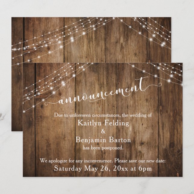Rustic Wood Lights Postponed Wedding Announcement (Front/Back)