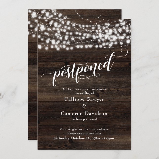 Rustic Wood & Lights Postponed Wedding Update Card (Front/Back)