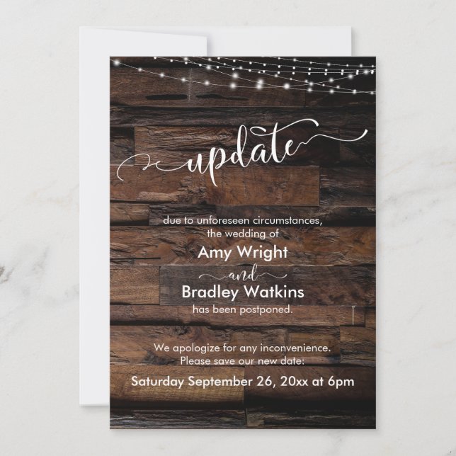 Rustic Wood Lights Postponed Wedding Update Card (Front)
