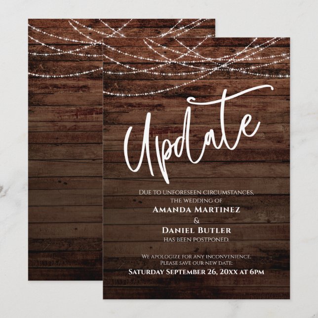 Rustic Wood & Lights Postponed Wedding Update Card (Front/Back)