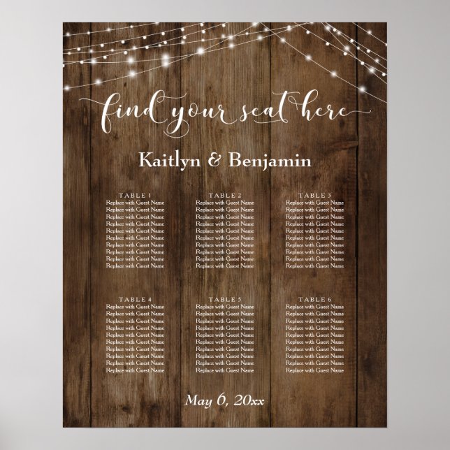 Rustic Wood Lights Reception 6 Table Seating Chart (Front)
