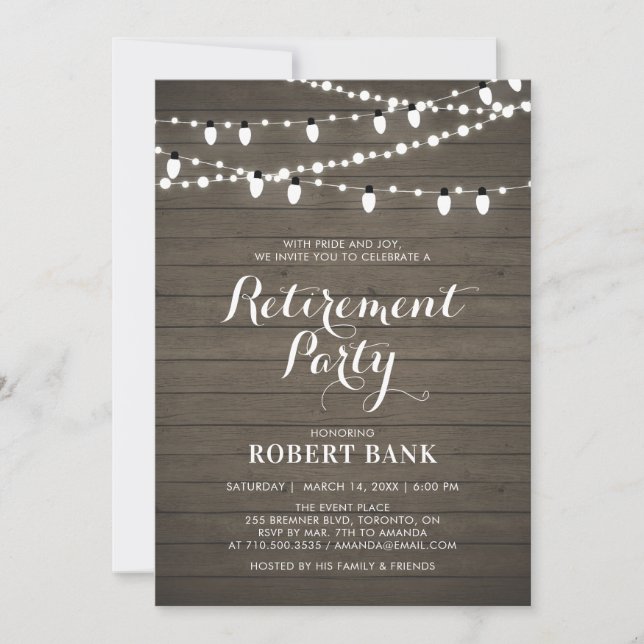 Rustic Wood & Lights Retirement Party Invitation (Front)