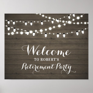 Rustic Wood & Lights Retirement Party Welcome Sign