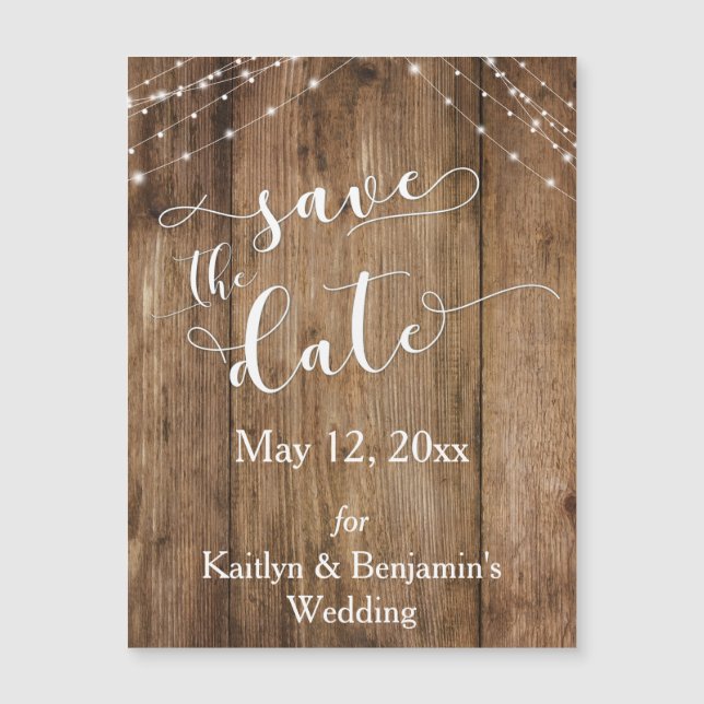 Rustic Wood Lights Save the Date Magnetic Card (Front)