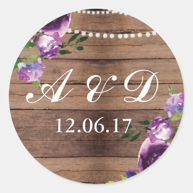 Rustic Wood Lights Stickers Label Purple Flowers (Front)