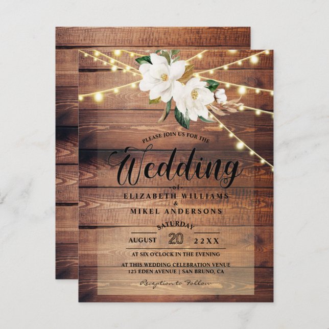 Rustic Wood Lights String & Floral White wedding  Invitation (Front/Back)