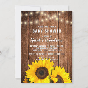 Rustic Wood Lights Sunflower Baby Shower Invitation