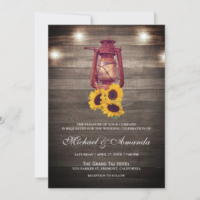 Rustic Wood Lights Sunflower Oil Lantern Wedding Invitation (Front)
