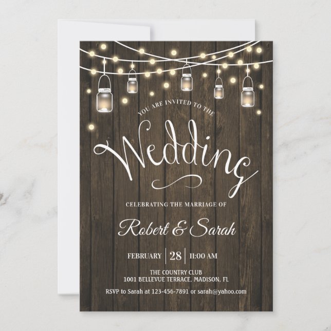 Rustic Wood & Lights Wedding Invitation (Front)