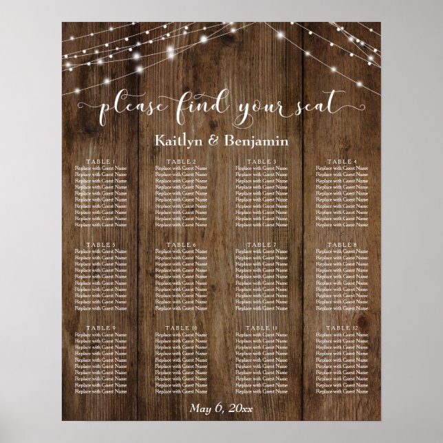 Rustic Wood Lights Wedding Reception Seating Chart (Front)